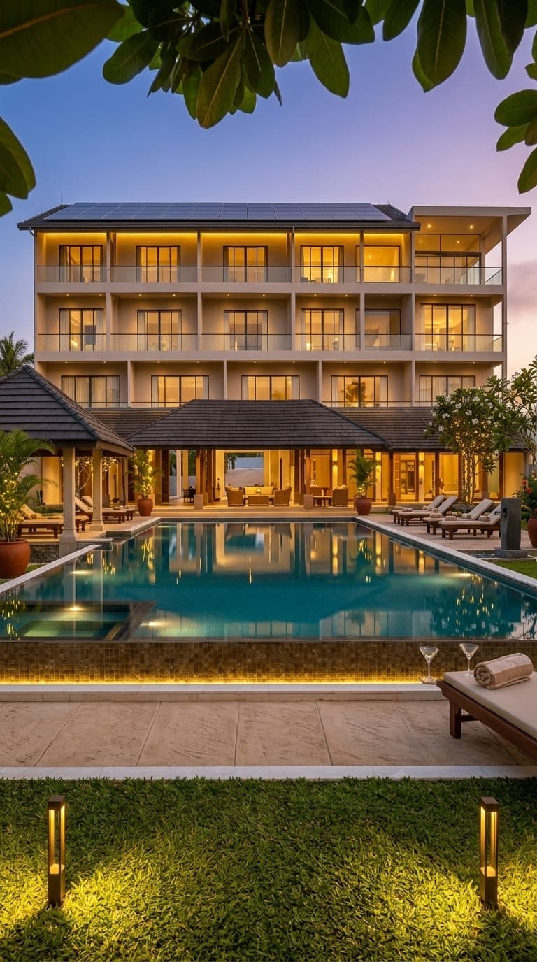 Artist’s impression of the pool and the lit building at dusk.