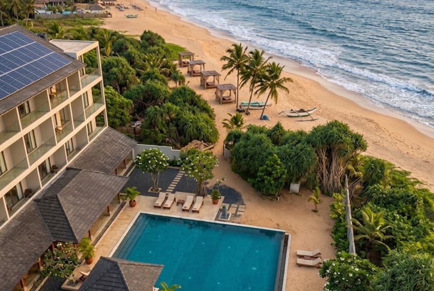 Artist’s impression of the pool and its loungers above the beach at sunset, from the air.