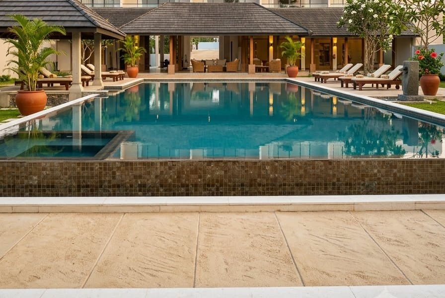Artist’s impression of the pool with the open pavilion and its rattan seating behind it.
