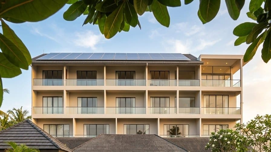 Artist’s impression of four floors of ocean-facing balconies under a frangipani canopy.