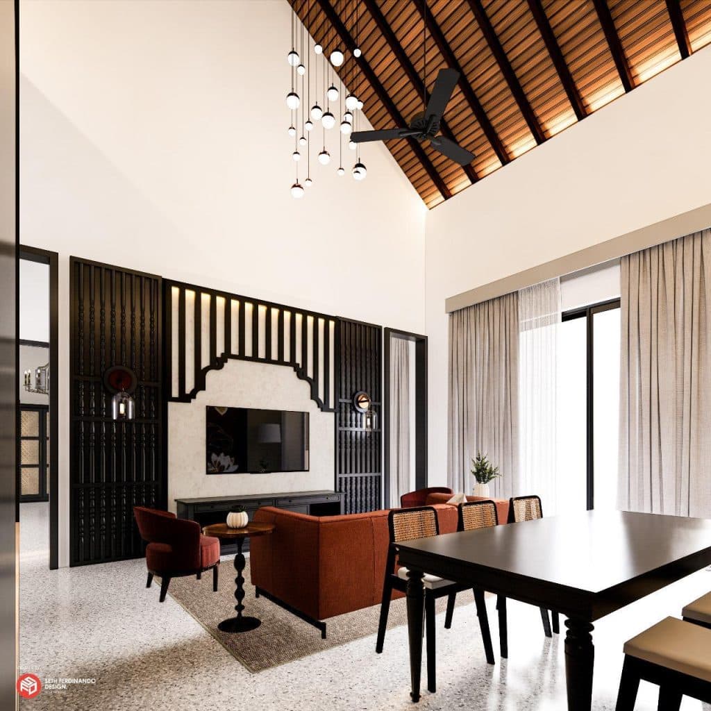 Artist’s impression of an Executive Suite living room with open timber rafters and a long dining table.