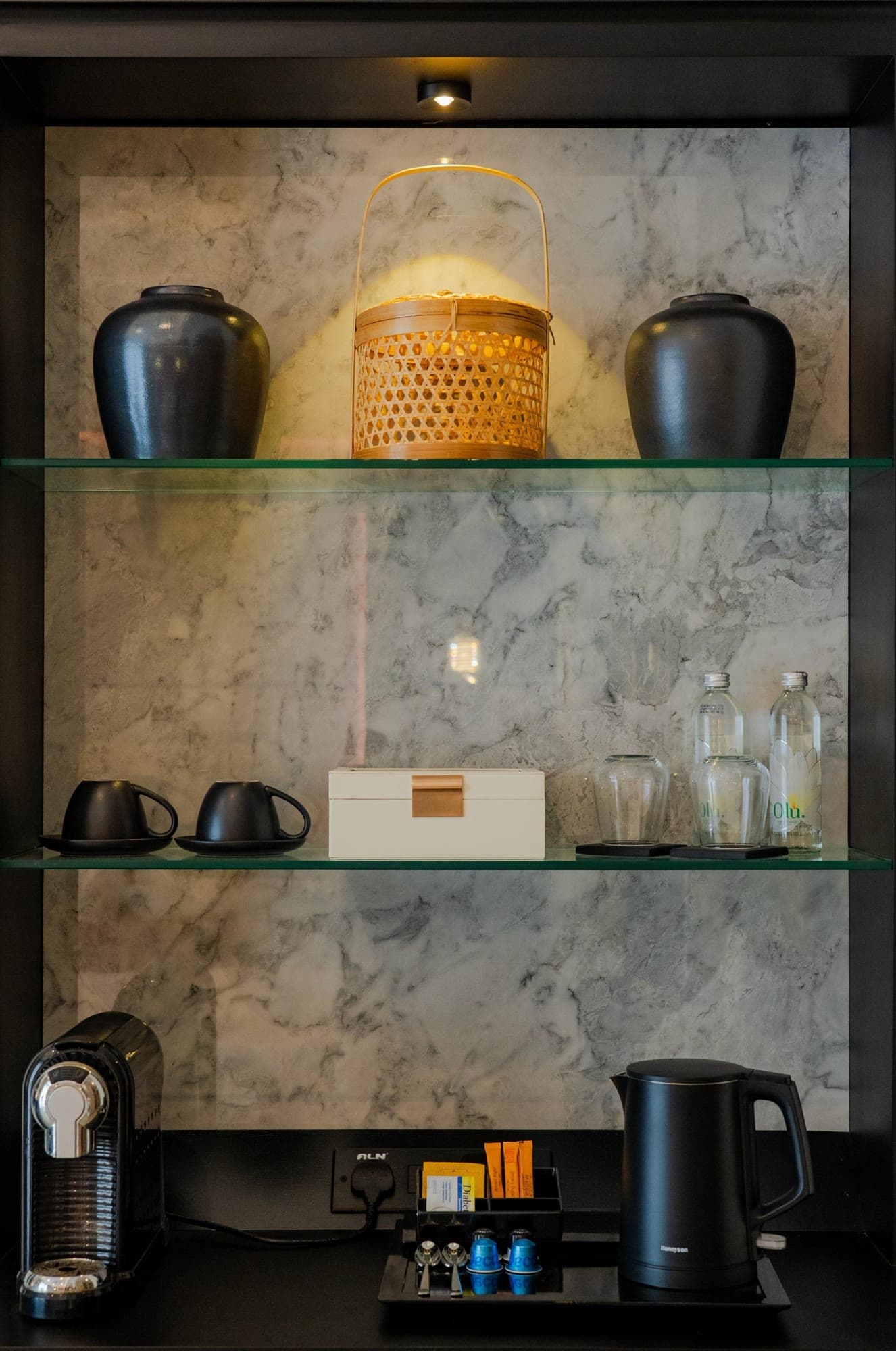 Photograph of the coffee and tea station in a Deluxe Room.