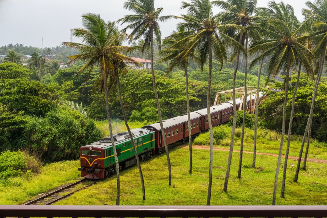 Photograph of the view from a Deluxe Room over coconut palms, with a train on the coastal line below.