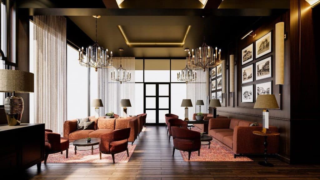 Artist’s impression of the lounge and bar, with tall curtained windows and low seating.