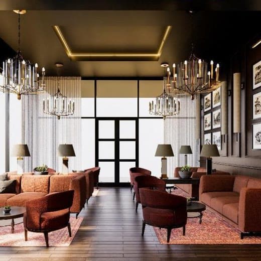 Artist’s impression of a detail of the lounge, low seating under tall windows.