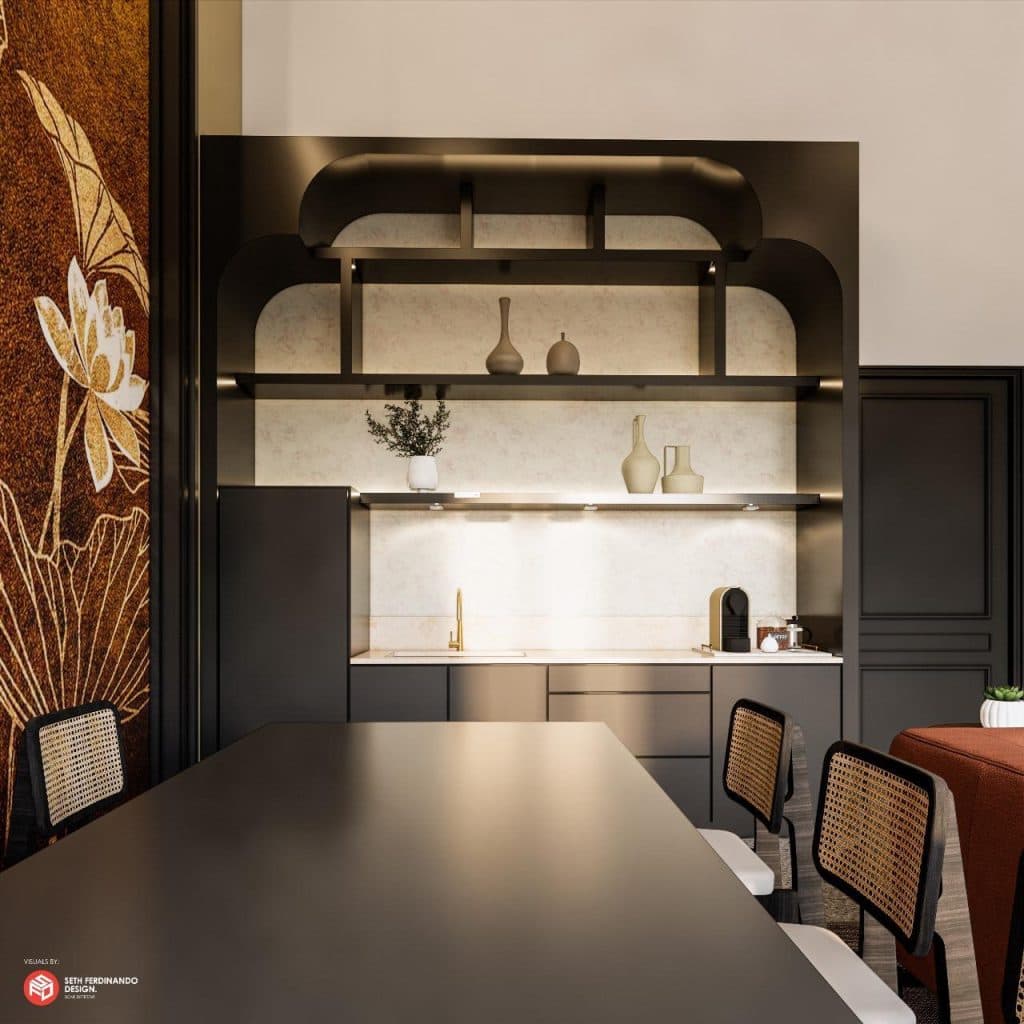 Artist’s impression of a Villa interior with a fitted galley kitchen in dark joinery.